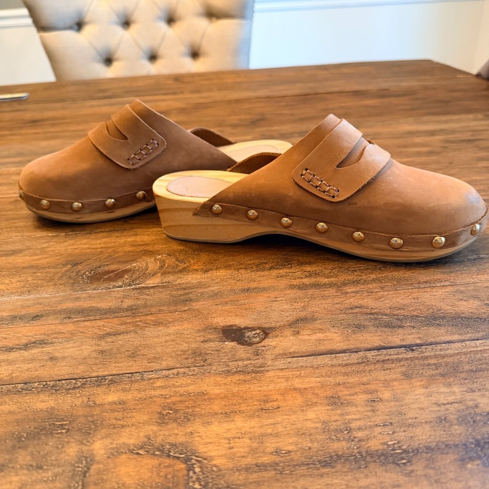 Boden Tan Leather Penny Loafer Clogs Wooden Platform Studded Mules Womens 39 - Picture 4 of 7